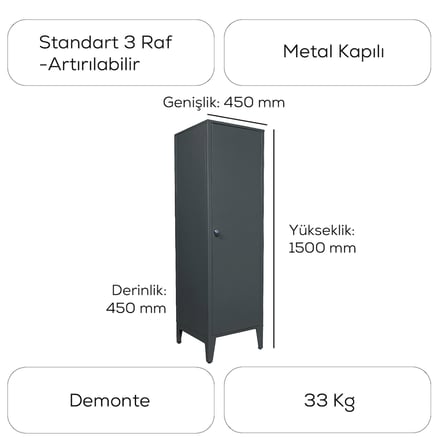 Alfafonet Ziglat Serisi Kilitli Metal Home Office Dolabı Metal Kapaklı Antrasit Gri (RAL 7016) 450x1500x450 mm