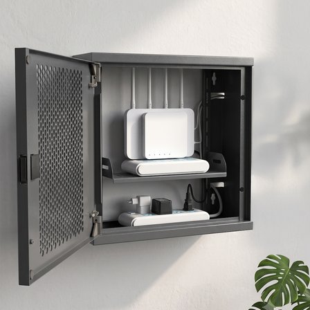 Alfafonet WiFi Box 400 Duvar Tipi WiFi ve Modem Kutusu 400x120x280 mm Antrasit Gri | Siyah Temperli Cam Kapak | Montajlı