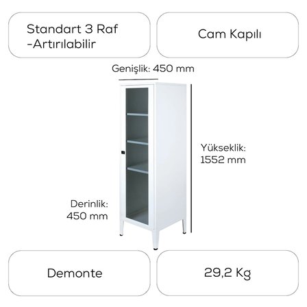 Alfafonet 450x1390x450mm Cam Kapaklı Kilitli Çelik Gövdeli Ofis ve Home Office Dolabı Beyaz(RAL 9003)