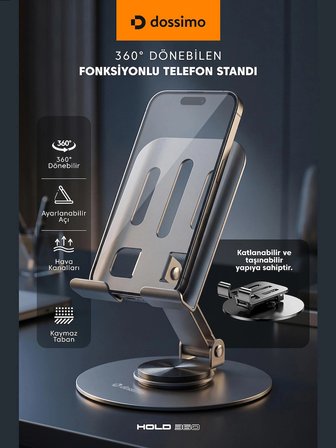Dossimo Hold 360 Metal Dönebilen Ayarlanabilir Kaymaz Tabanlı Taşınabilir Katlanabilir Telefon ve Tablet Tutucu