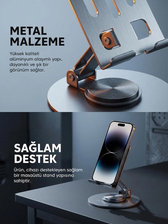 Dossimo Hold 360 Metal Dönebilen Ayarlanabilir Kaymaz Tabanlı Taşınabilir Katlanabilir Telefon ve Tablet Tutucu