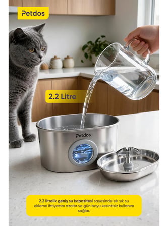 Petdos Aqua One Otomatik 2.2 L Kedi Köpek Su Pınarı Su Çeşmesi Ultra Sessiz PD-S100
