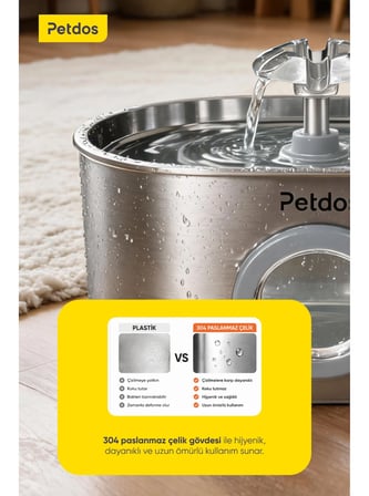 Petdos Aqua One Otomatik 2.2 L Kedi Köpek Su Pınarı Su Çeşmesi Ultra Sessiz PD-S100