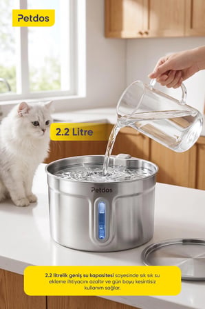 Petdos Aqua Pure Otomatik 2.2 L Kedi Köpek Su Pınarı Su Çeşmesi Ultra Sessiz PD-S101