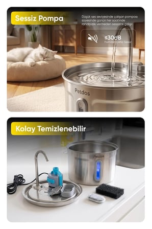 Petdos Aqua Pure Otomatik 2.2 L Kedi Köpek Su Pınarı Su Çeşmesi Ultra Sessiz PD-S101