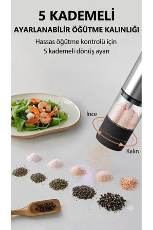 Vayomy Şarjlı Otomatik Baharat Öğütücü Değirmen - 5 Kademe Ayarlı Seramik Tuz Karabiber Değirmeni