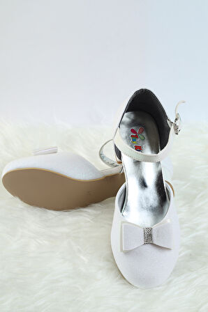 Topuklu Kız Çocuk Ayakkabısı Düğün Ayakkabısı Kız Çocuk Abiye Ayakkabı Kelebek Fiyonk Detaylı Abiye