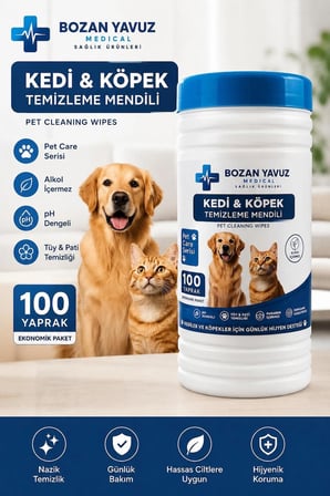 Bozan Yavuz Medical Kedi Köpek Temizleme Mendili 100 Yaprak Alkolsüz pH Dengeli Durulama Gerektirmez