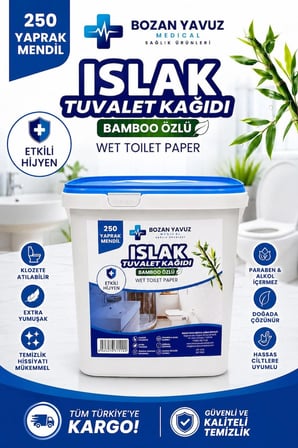 Islak Tuvalet Kağıdı 250li Kova Ekonomik Paket Suda Eriyen Klozete Atılabilir Bambo Özlü