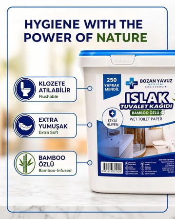 Islak Tuvalet Kağıdı 250li Kova Ekonomik Paket Suda Eriyen Klozete Atılabilir Bambo Özlü