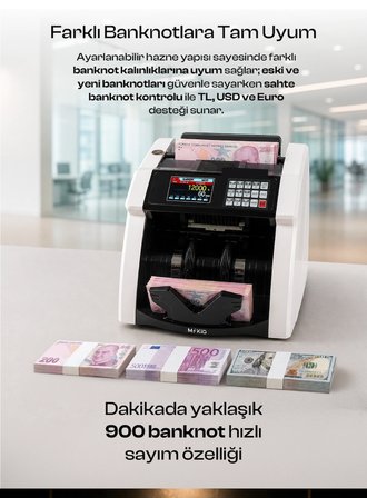 Para Sayma Makinesi - Müşteri Ekranı Hediyeli- Tl ve Euro Karışık Para Sayma Makinesi - TL/Dolar/Euro -Sesli - Geçersiz  Banknot Kontrolü