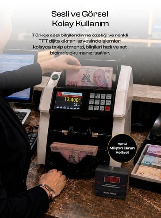 Para Sayma Makinesi - Müşteri Ekranı Hediyeli- Tl ve Euro Karışık Para Sayma Makinesi - TL/Dolar/Euro -Sesli - Geçersiz  Banknot Kontrolü