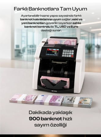 Para Sayma Makinesi - Müşteri Ekranı Hediyeli- Tl ve Euro Karışık Para Sayma Makinesi - TL/Dolar/Euro -Sesli - Geçersiz  Banknot Kontrolü
