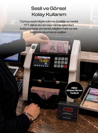 Para Sayma Makinesi - Müşteri Ekranı Hediyeli- Tl ve Euro Karışık Para Sayma Makinesi - TL/Dolar/Euro -Sesli - Geçersiz  Banknot Kontrolü