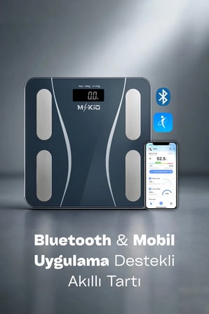 Baskül - Büyük Boy Tartı - Yağ Su Kas Vücut Kitle Endeksi Kilo Ölçer - Yapay Zeka Destekli Dijital Baskül - Mobil Uygulamalı Tartı