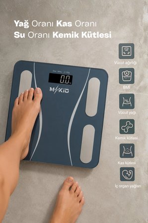 Baskül - Büyük Boy Tartı - Yağ Su Kas Vücut Kitle Endeksi Kilo Ölçer - Yapay Zeka Destekli Dijital Baskül - Mobil Uygulamalı Tartı