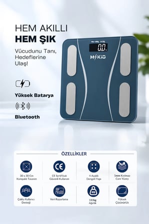 Baskül - Büyük Boy Tartı - Yağ Su Kas Vücut Kitle Endeksi Kilo Ölçer - Yapay Zeka Destekli Dijital Baskül - Mobil Uygulamalı Tartı