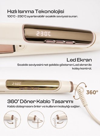 LED Ekranlı Seramik Saç Düzleştirici, 100-230°C Ayarlanabilir Isı, 54W Hızlı Isınma, 360° Döner Kablo