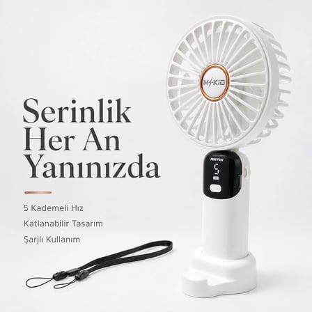 Şarjlı El Vantilatörü 5 Kademeli, Katlanabilir Dijital Ekranlı Mini El Fanı, 1200 Mah, 5 Pervaneli Güçlü Hava Akışı, Standlı Masaüstü Fan, USB Şarjlı -Beyaz