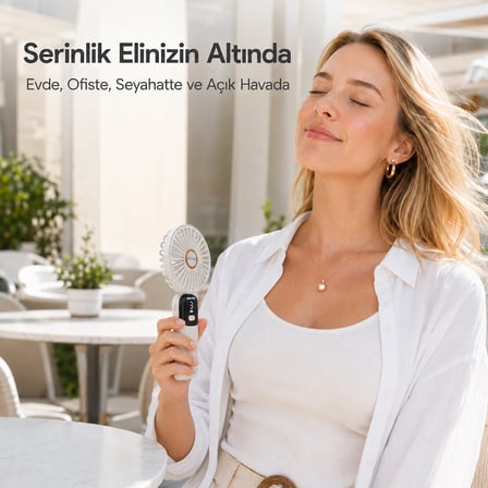 Şarjlı El Vantilatörü 5 Kademeli, Katlanabilir Dijital Ekranlı Mini El Fanı, 1200 Mah, 5 Pervaneli Güçlü Hava Akışı, Standlı Masaüstü Fan, USB Şarjlı -Beyaz