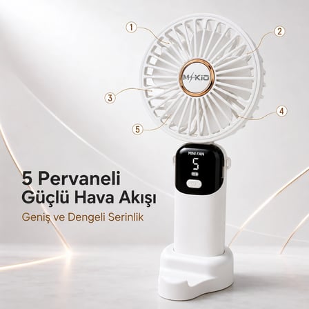 Şarjlı El Vantilatörü 5 Kademeli, Katlanabilir Dijital Ekranlı Mini El Fanı, 1200 Mah, 5 Pervaneli Güçlü Hava Akışı, Standlı Masaüstü Fan, USB Şarjlı -Beyaz
