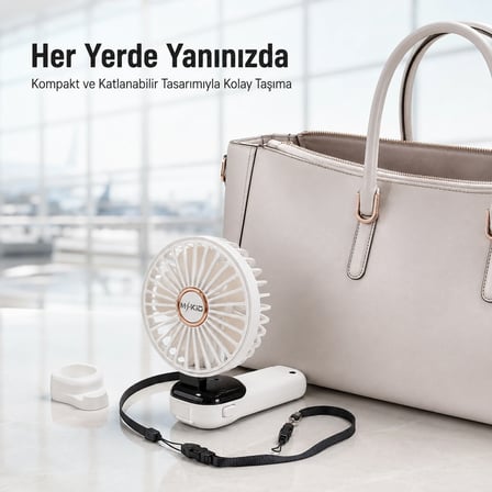 Şarjlı El Vantilatörü 5 Kademeli, Katlanabilir Dijital Ekranlı Mini El Fanı, 1200 Mah, 5 Pervaneli Güçlü Hava Akışı, Standlı Masaüstü Fan, USB Şarjlı -Beyaz