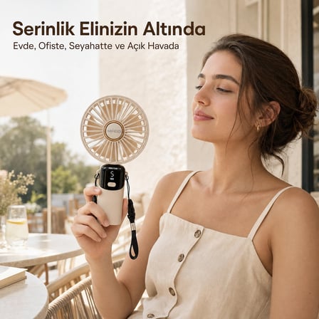 Şarjlı El Vantilatörü 5 Kademeli, Katlanabilir Dijital Ekranlı Mini El Fanı, 1200 Mah, 5 Pervaneli Güçlü Hava Akışı, Standlı Masaüstü Fan, USB Şarjlı - Krem