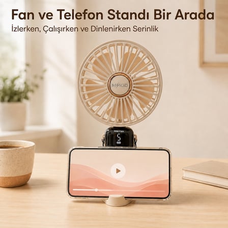 Şarjlı El Vantilatörü 5 Kademeli, Katlanabilir Dijital Ekranlı Mini El Fanı, 1200 Mah, 5 Pervaneli Güçlü Hava Akışı, Standlı Masaüstü Fan, USB Şarjlı - Krem