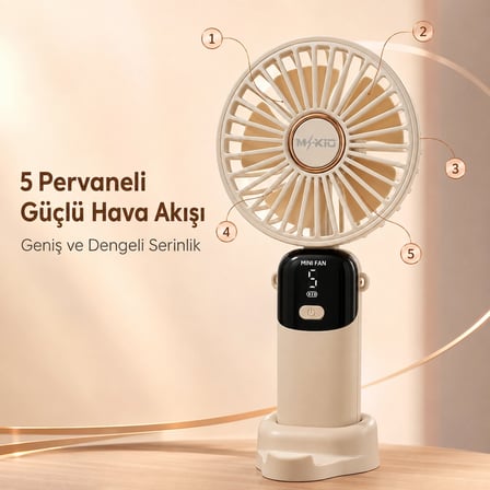 Şarjlı El Vantilatörü 5 Kademeli, Katlanabilir Dijital Ekranlı Mini El Fanı, 1200 Mah, 5 Pervaneli Güçlü Hava Akışı, Standlı Masaüstü Fan, USB Şarjlı - Krem