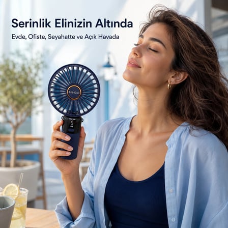 Şarjlı El Vantilatörü 5 Kademeli, Katlanabilir Dijital Ekranlı Mini El Fanı, 1200 Mah, 5 Pervaneli Güçlü Hava Akışı, Standlı Masaüstü Fan, USB Şarjlı - Lacivert