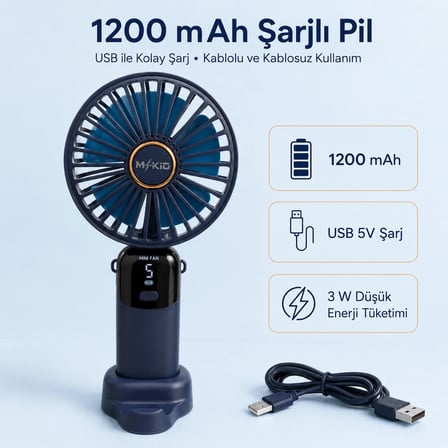 Şarjlı El Vantilatörü 5 Kademeli, Katlanabilir Dijital Ekranlı Mini El Fanı, 1200 Mah, 5 Pervaneli Güçlü Hava Akışı, Standlı Masaüstü Fan, USB Şarjlı - Lacivert