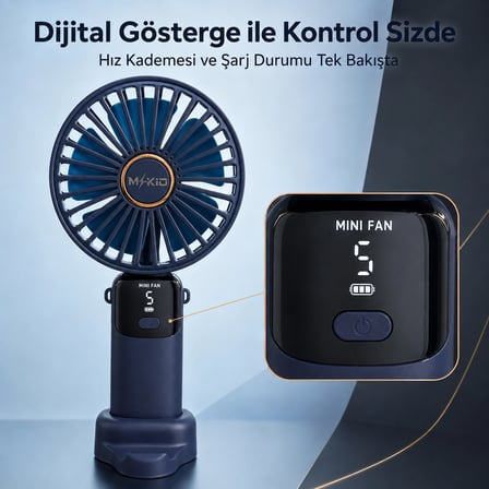 Şarjlı El Vantilatörü 5 Kademeli, Katlanabilir Dijital Ekranlı Mini El Fanı, 1200 Mah, 5 Pervaneli Güçlü Hava Akışı, Standlı Masaüstü Fan, USB Şarjlı - Lacivert