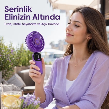 Şarjlı El Vantilatörü 5 Kademeli, Katlanabilir Dijital Ekranlı Mini El Fanı, 1200 Mah, 5 Pervaneli Güçlü Hava Akışı, Standlı Masaüstü Fan, USB Şarjlı - Mor