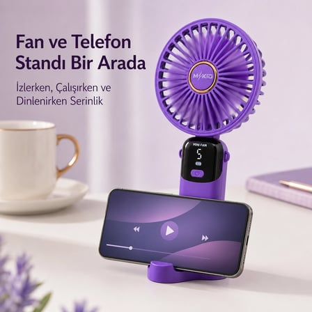 Şarjlı El Vantilatörü 5 Kademeli, Katlanabilir Dijital Ekranlı Mini El Fanı, 1200 Mah, 5 Pervaneli Güçlü Hava Akışı, Standlı Masaüstü Fan, USB Şarjlı - Mor