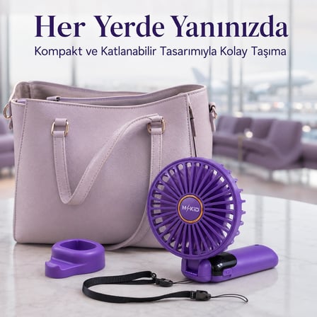 Şarjlı El Vantilatörü 5 Kademeli, Katlanabilir Dijital Ekranlı Mini El Fanı, 1200 Mah, 5 Pervaneli Güçlü Hava Akışı, Standlı Masaüstü Fan, USB Şarjlı - Mor