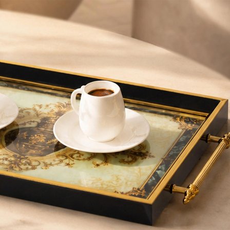 Porsima 4527 Dekoratif Dikdörtgen Servis Tepsi Seti - Çay ve Kahve Kahvaltılık Sunum Tepsisi