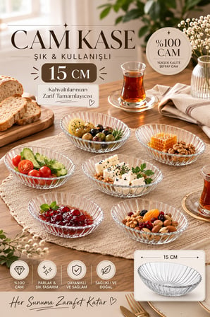 Porsima Suga 4472 6'lı Oval Cam Çerezlik, Reçellik, Kahvaltılık ve Sosluk Kase Seti 15 cm
