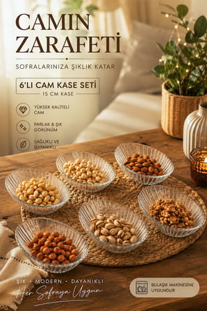 Porsima Suga 4472 6'lı Oval Cam Çerezlik, Reçellik, Kahvaltılık ve Sosluk Kase Seti 15 cm