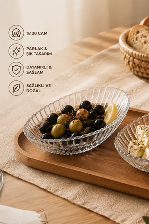 Porsima Suga 4472 6'lı Oval Cam Çerezlik, Reçellik, Kahvaltılık ve Sosluk Kase Seti 15 cm