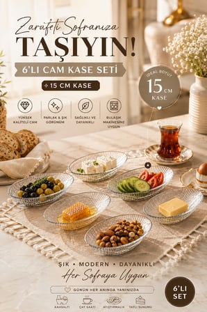 Porsima Viko 4473 6'lı Oval Cam Çerezlik, Reçellik, Kahvaltılık ve Sosluk Kase Seti 15 cm