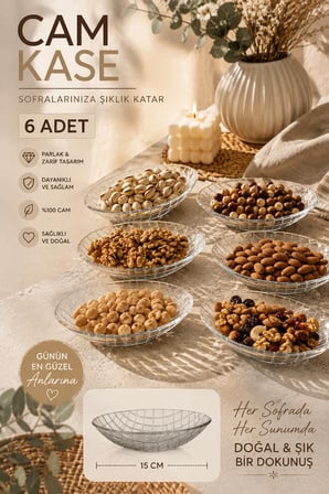 Porsima Vivaldi 4474 6'lı Baklava Desenli Oval Cam Çerezlik, Reçellik & Kahvaltılık Kase 15 cm