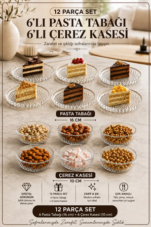 Porsima 13917-1 Aren Mozaik 12 Parça Cam Sunum Seti - 6 Kişilik Pasta Tabağı & Çerezlik