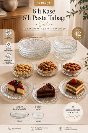 Porsima 13917-1 Aren Mozaik 12 Parça Cam Sunum Seti - 6 Kişilik Pasta Tabağı & Çerezlik
