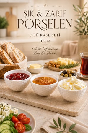 Porsima Dora 3'lü Porselen Çerezlik & Sosluk Seti 10 cm - Kabartmalı Puantiyeli İkramlık