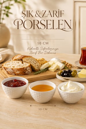 Porsima Dora 3'lü Porselen Çerezlik & Sosluk Seti 10 cm - Kabartmalı Puantiyeli İkramlık