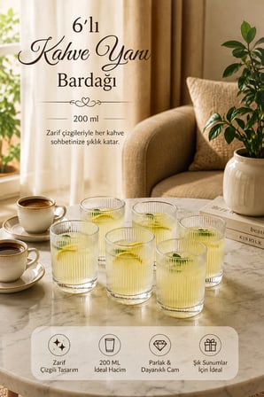 Porsima Berrak 13938-1 6'lı İnce Çizgili Cam Kahve Yanı Su & İkram Bardağı Seti 200 ml