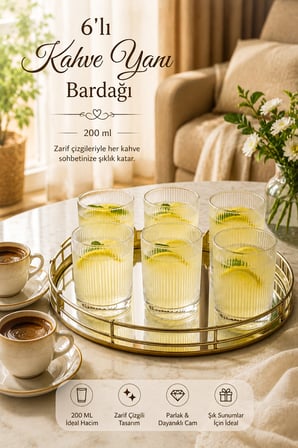 Porsima Berrak 13938-1 6'lı İnce Çizgili Cam Kahve Yanı Su & İkram Bardağı Seti 200 ml