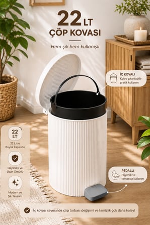 Porsima 0707-1 Still Beyaz 22 Litre Pedallı İç Kovalı Yuvarlak Mutfak & Banyo Çöp Kovası