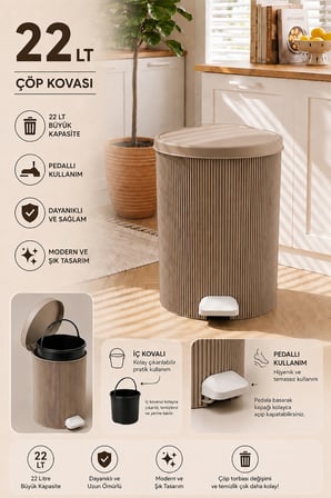 Porsima 0707-2 Still Mokka 22 Litre Pedallı İç Kovalı Yuvarlak Mutfak & Banyo Çöp Kovası