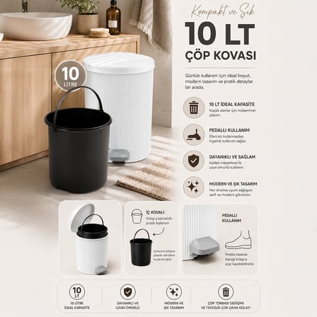 Porsima 0706-1 Still Beyaz 10 Litre Pedallı İç Kovalı Yuvarlak Banyo & Mutfak Çöp Kovası